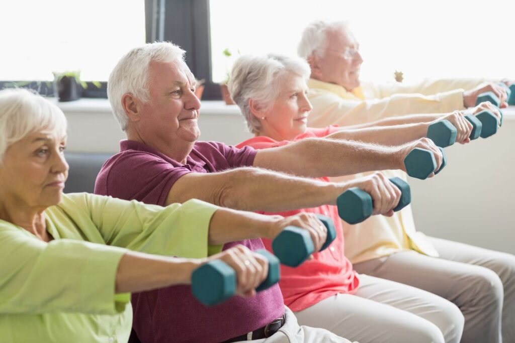 A group of seniors lifting weights 